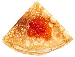 Pancake with red caviar on a white