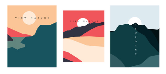 Natural landscape poster Abstract Geometric Mountain And Wave Banner Travel vector illustration postcard and adventure flyer with natural curve shape.