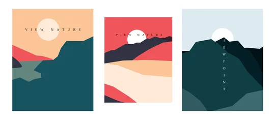 Photo sur Plexiglas Vert bleu Natural landscape poster Abstract Geometric Mountain And Wave Banner Travel vector illustration postcard and adventure flyer with natural curve shape.
