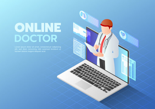 Isometric Web Banner Doctor Doing Online Diagnose On The Computer Laptop Screen