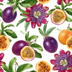 Watercolor seamless pattern passion fruit isolated on white background.