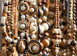 Wooden bead bracelets in the market. Decoration