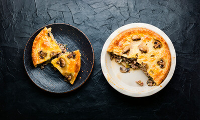 Meat pie with champignon,top view