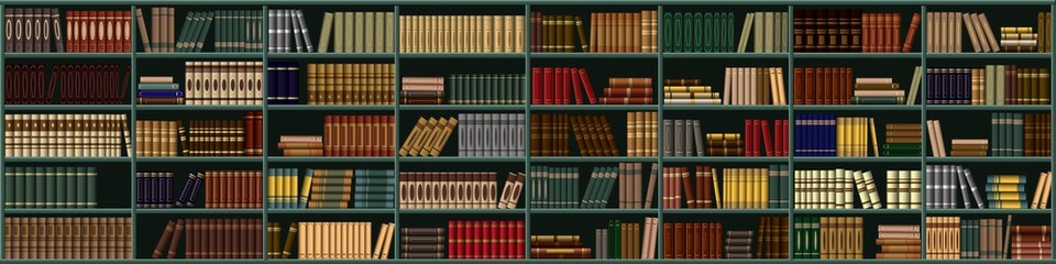 Vector background from books. Bookshelf. Large bookcase in the library, shop with many different books. - obrazy, fototapety, plakaty