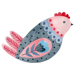 Watercolor chicken isolated on white background in folk art.