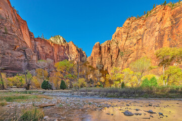 Beautiful landscapes, views of incredibly picturesque rocks and mountains in Zion National Park, Utah, USA