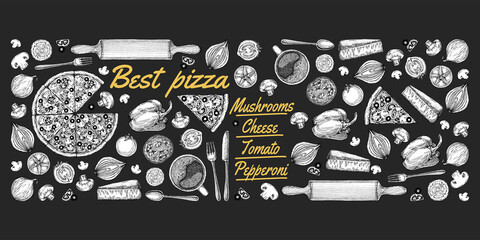  drawing, pizza, table, organic food ingredients. Hand drawn pizza illustration. Great for menu, poster or label.