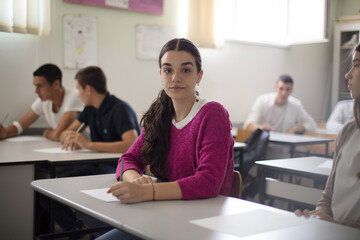  Teenagers students sitting in the classroom and writing.