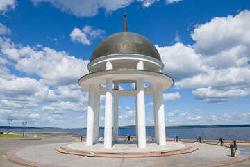 Gazebo-rotunda on the embankment of Onega lake Onega close-up on a sunny June afternoon....