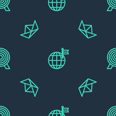 Set line Planet with flag, Folded paper boat and Target on seamless pattern. Vector