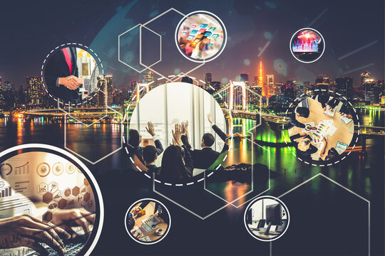 Business network web banner photo set in concept of management and growth by using corporate teamwork and people networking skills .