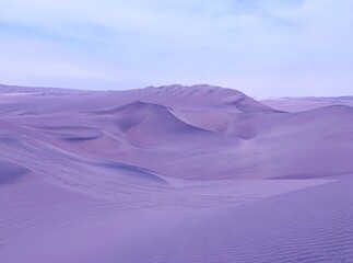 Purple sand dunes in desert fairy planet, magical alien sandy landscape, blue sky, vast  horizon,...