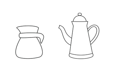 Two teapots on white background. Outline drawing. Black contour. Vector illustration. Design Elements.