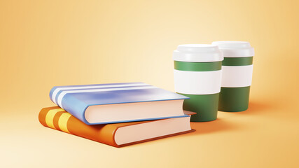 Education concept. 3d of books and coffee on orange background. Modern flat design isometric concept of Education. Back to school.