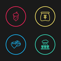 Set line Seed, Plant sprouts grow in the rain, Bag of flour and Acorn, oak nut, seed icon. Vector