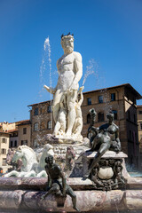 Fototapeta na wymiar Firenze, la Fontana del Nettuno, detta anche di Piazza o il Biancone, realizzata da un gruppo di artisti, con la statua centrale di Ammannati, e situata in piazza della Signoria