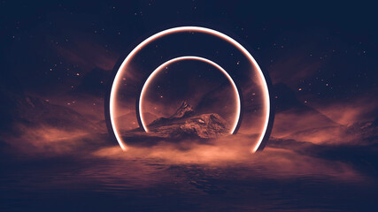 Futuristic fantasy night landscape with abstract landscape and island, moonlight, radiance, moon, neon. Dark natural scene with light reflection in water. Neon space galaxy portal. 3D illustration. 