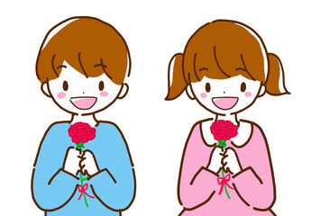 カーネーションの切り花を持つ男の子と女の子の線画イラスト