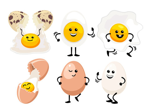 Cute egg faces. Kawaii eggs set. Easter eggs friends with funny face vector set, friendly caricature breakfast egg persons isolated on white background