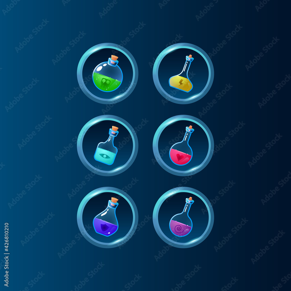 Fototapete set of game ui colorful potion bottle magic power up with glossy frame for gui asset elements