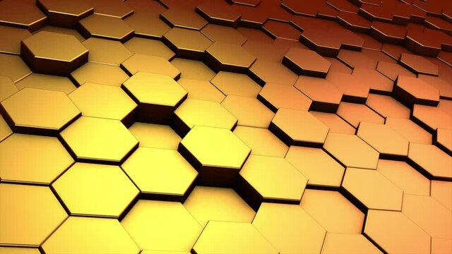 4k 3D abstract background animation hexagon metal elements surface geometric pattern moving loop. Great for ads, technical, industrial, scientific, sci-fi illustrations, etc.
