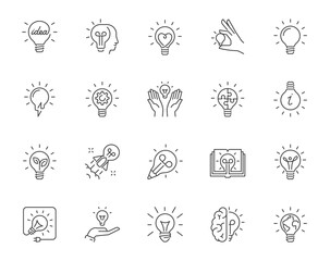 Fototapeta Set of vector outline icons of light bulbs with various symbols of creative thinking obraz
