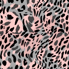 African animal coat print, wild cat fur design wallpaper on pink backdrop. Leopard gray pink seamless pattern.