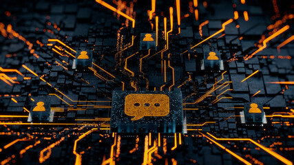 Text Technology Concept with sms symbol on a Microchip. Orange Neon Data flows between Users and the CPU across a Futuristic Motherboard. 3D render.
