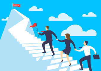 Leader businessman help the team walking up stairway to the top of mountain, Leadership teamwork business concept growth and the path to success, Flat design vector illustration