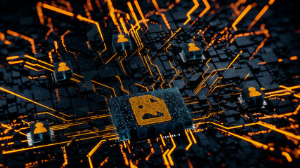 Image Technology Concept with picture symbol on a Microchip. Orange Neon Data flows between Users and the CPU across a Futuristic Motherboard. 3D render.