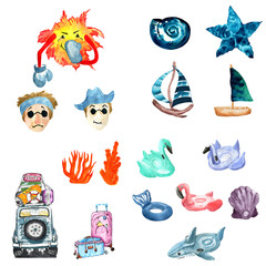 Watercolor set of summer travel and leisure activities