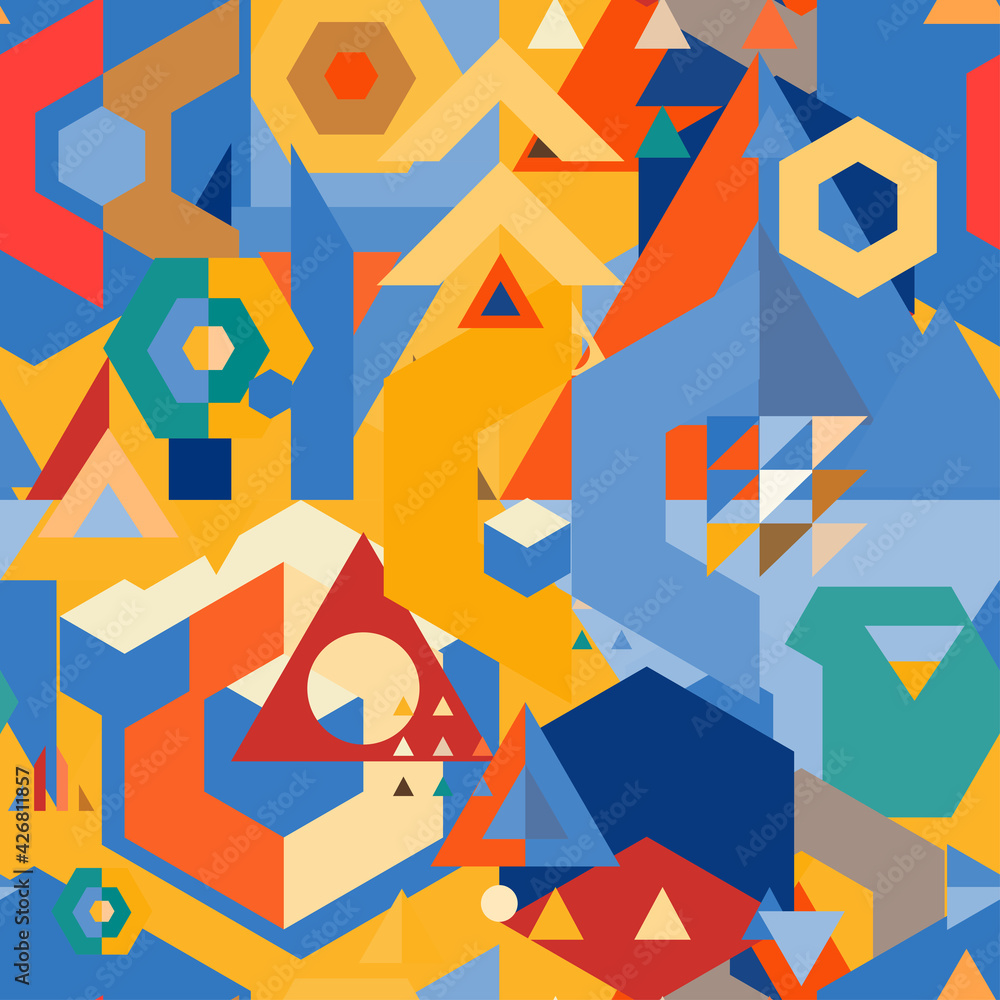 Poster multicolored seamless geometric pattern. flat vector texture of geometric shapes.