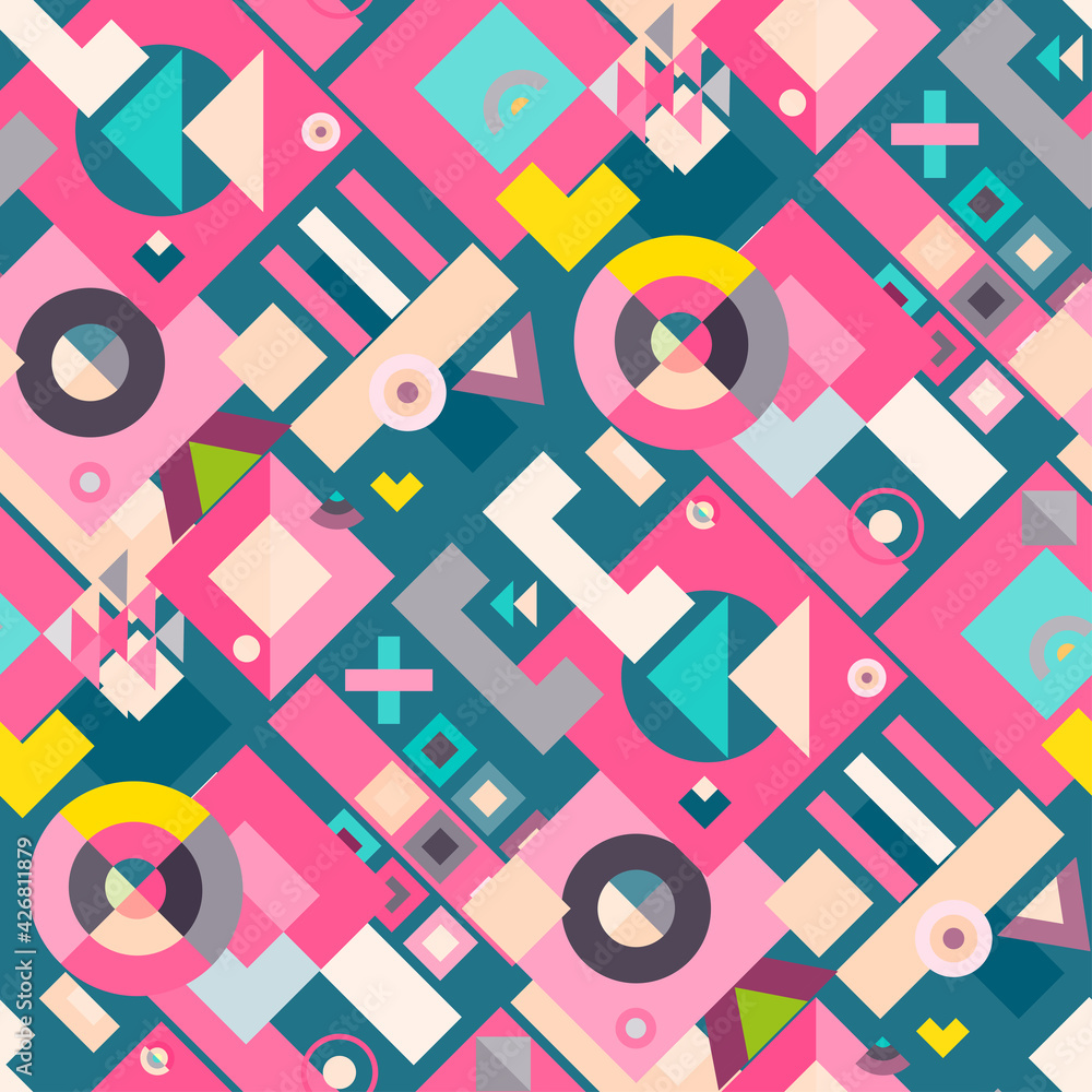 Poster multicolored seamless geometric pattern. flat vector texture of geometric shapes.