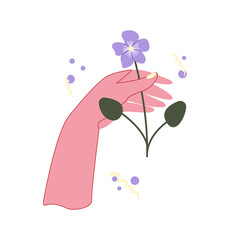 Female graceful hand holds violet hand-drawn vector illustration. Flower isolated on white background. Decorative element for packaging cosmetics.