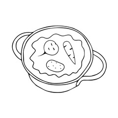 Black hand drawing outline illustration of a saucepan with vegetable in hot water for cooking isolated on a white background. Top view