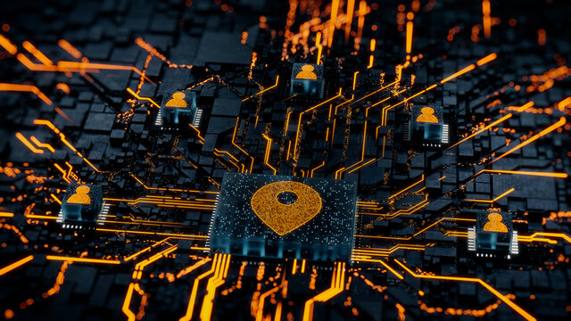 Location Technology Concept with map pin symbol on a Microchip. Orange Neon Data flows between Users and the CPU across a Futuristic Motherboard. 3D render.