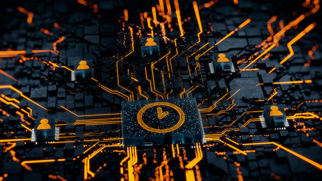 Time Technology Concept with clock symbol on a Microchip. Orange Neon Data flows between Users and the CPU across a Futuristic Motherboard. 3D render.