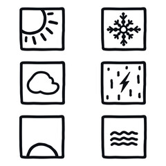 Precipitation weather doodle icon logo sign Lightning cloud sun snowflake symbol Sunrise wind wave emblem Hand drawn Cartoon children's style Fashion print clothes apparel greeting card cover poster