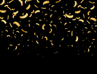 Vector illustration defocused gold confetti isolated on a black background.