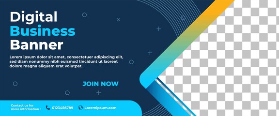 Business banner template design. Modern banner design with abstract blue shape and place for the photo. Usable for promotional, presentation, and announcement.