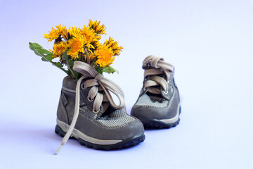 A bouquet of yellow dandelions in gray children's shoes on a blue background, a place for text-the concept of the arrival of festive spring days