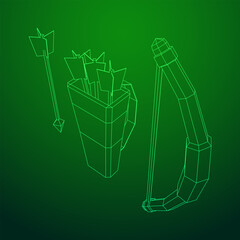 Medieval Bow and arrow archer weapon. Wireframe low poly mesh vector illustration.