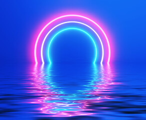 Abstract futuristic background, pink blue neon lights gate with 3D glowing reflected in water, render illustration.