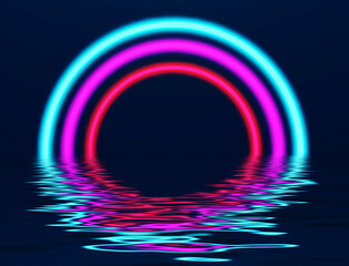 Abstract futuristic background, pink blue neon lights gate with 3D glowing reflected in water, render illustration.