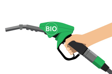 Hand with a fuel nozzle with the inscription BIO. Biofuel concept. Vector illustration
