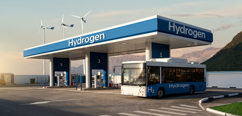 Fuel cell bus at the hydrogen filling station. Concept	 - obrazy, fototapety, plakaty
