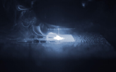 Fototapeta na wymiar Laser engraving on wood close-up. 3D printer laser beam