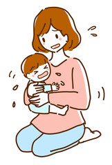 泣いている赤ちゃんを困りながらあやす若い新米ママの線画イラスト
