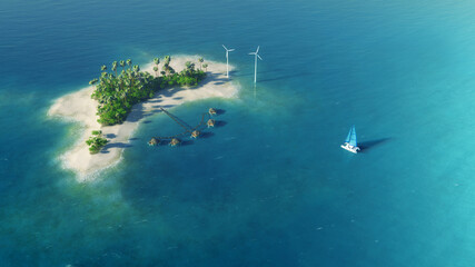 Summer paradise tropical private island with wind turbines energy, bungalows, palm trees. View from above. Luxury life concept. Traveling holiday background. 3d rendering illustration