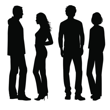 Vector silhouettes of  man and a woman, a couple of standing  business people, profile, black  color isolated on white background